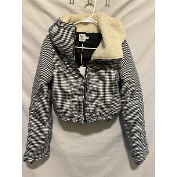PRINCESS POLLY The Kier Black White Check Puffer Jacket Sherpa Hood Sz XS/S - Picture 1 of 13